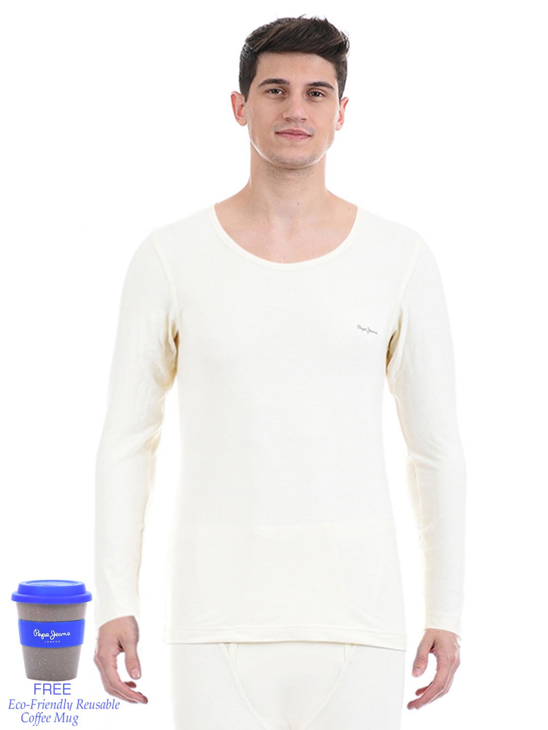 Pepe Jeans Men Off-White Solid Acrylic Thermal Top