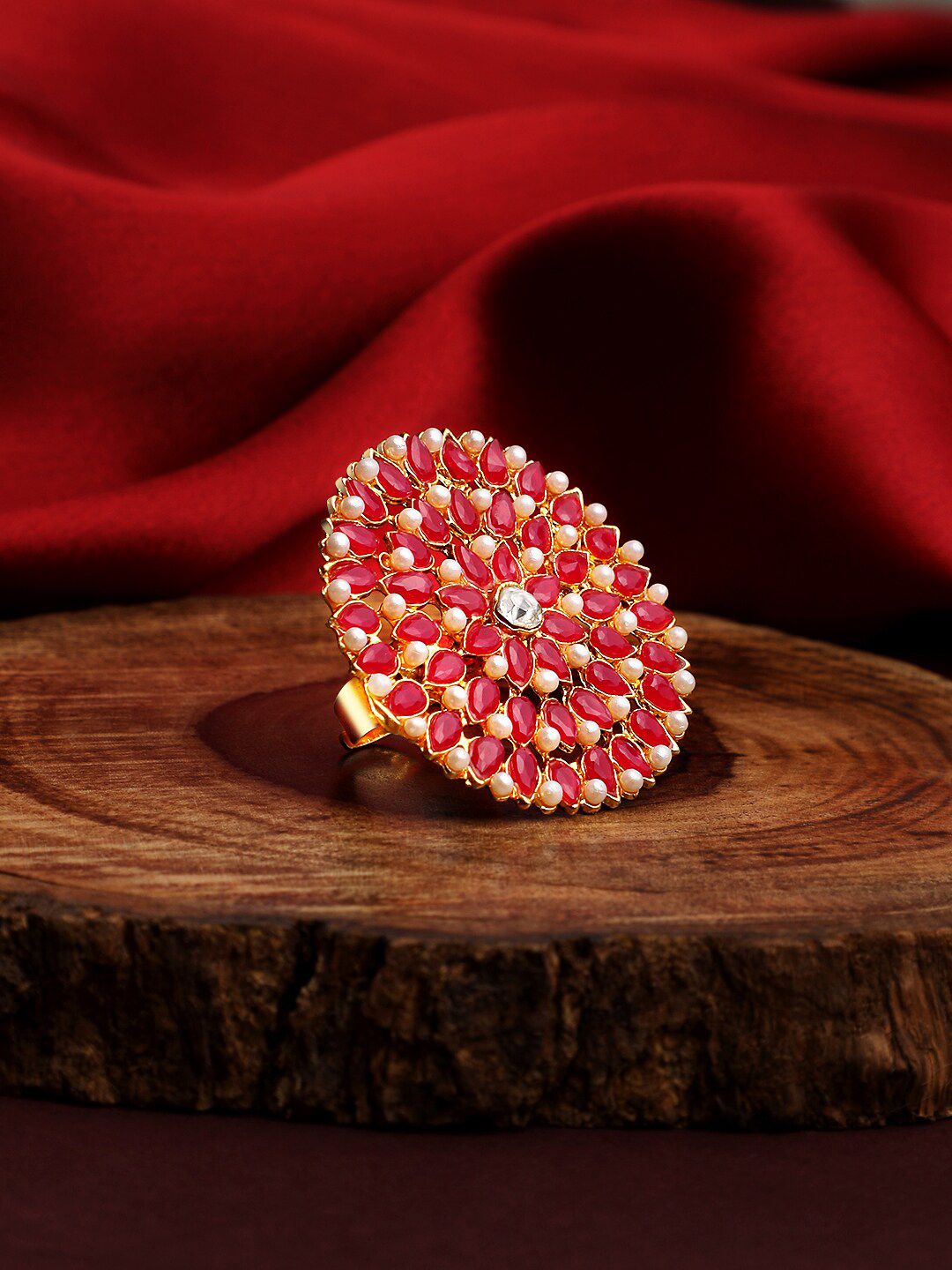 ASMITTA JEWELLERY Gold-Plated Pink & White Stone Studed & Beaded Adjustable Finger Ring Price in India