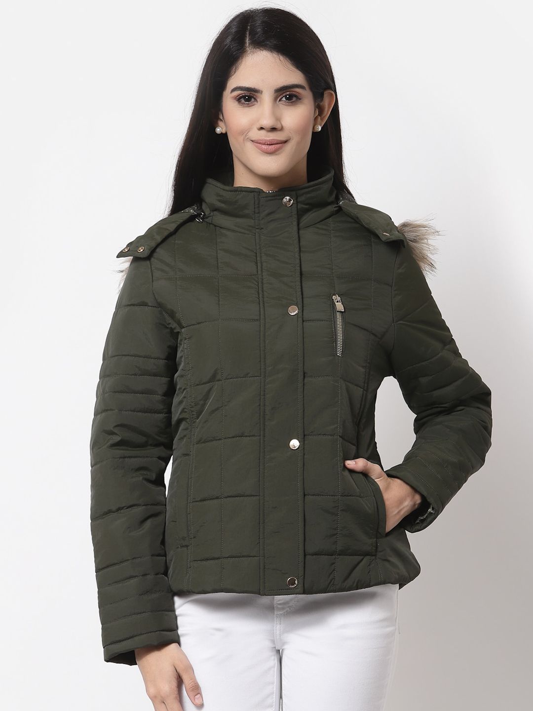Juelle Women Olive Green Camouflage Parka Jacket Price in India