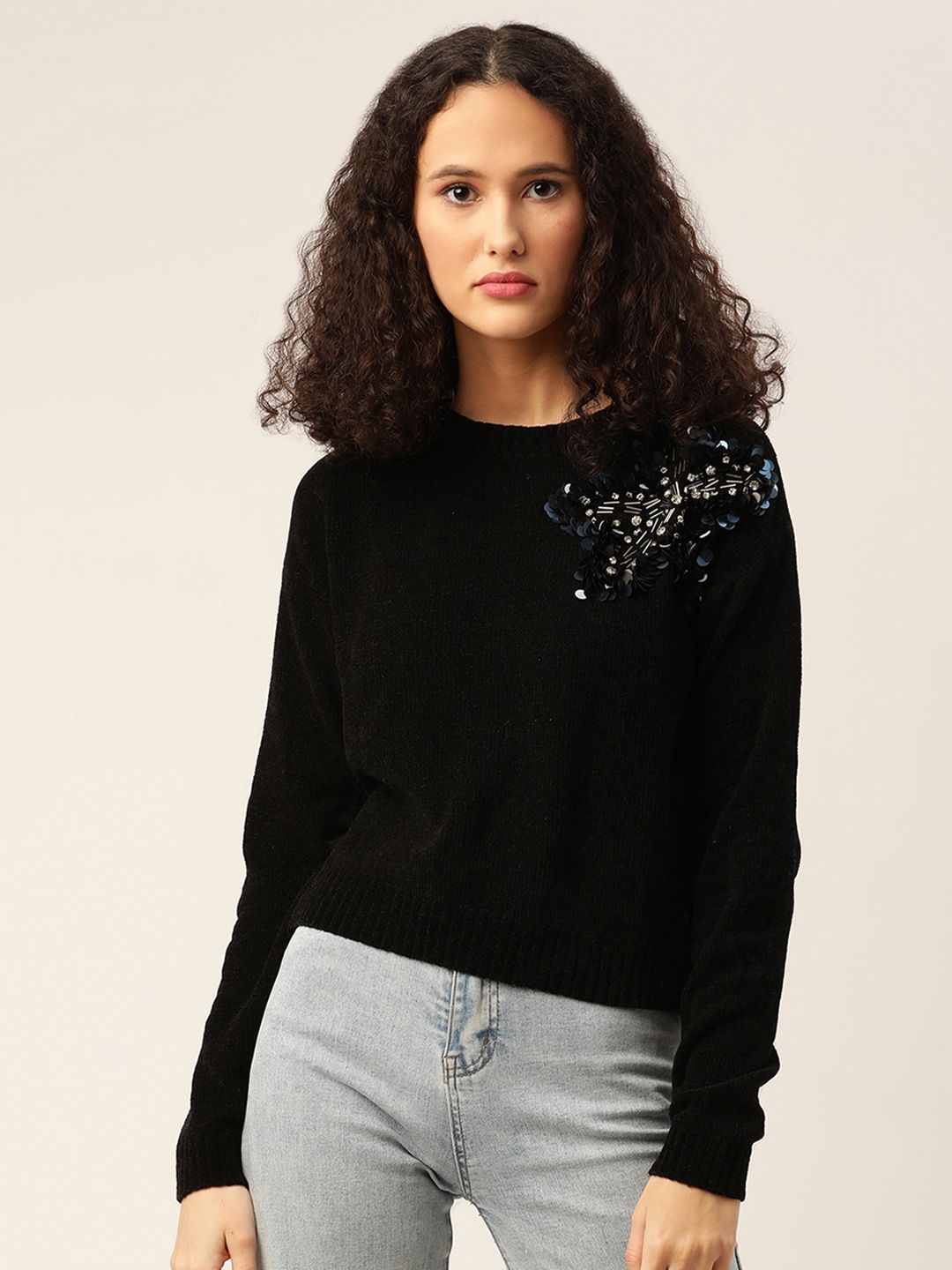 ELLE Women Black Pullover with Embellished Detail Price in India