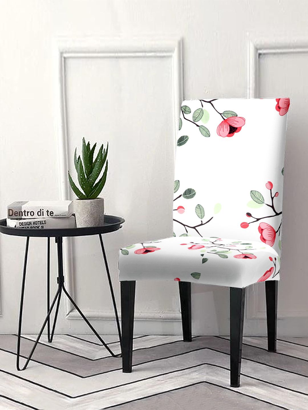 Cortina Set Of 4 White Printed Removable Chair Slip Covers Price in India