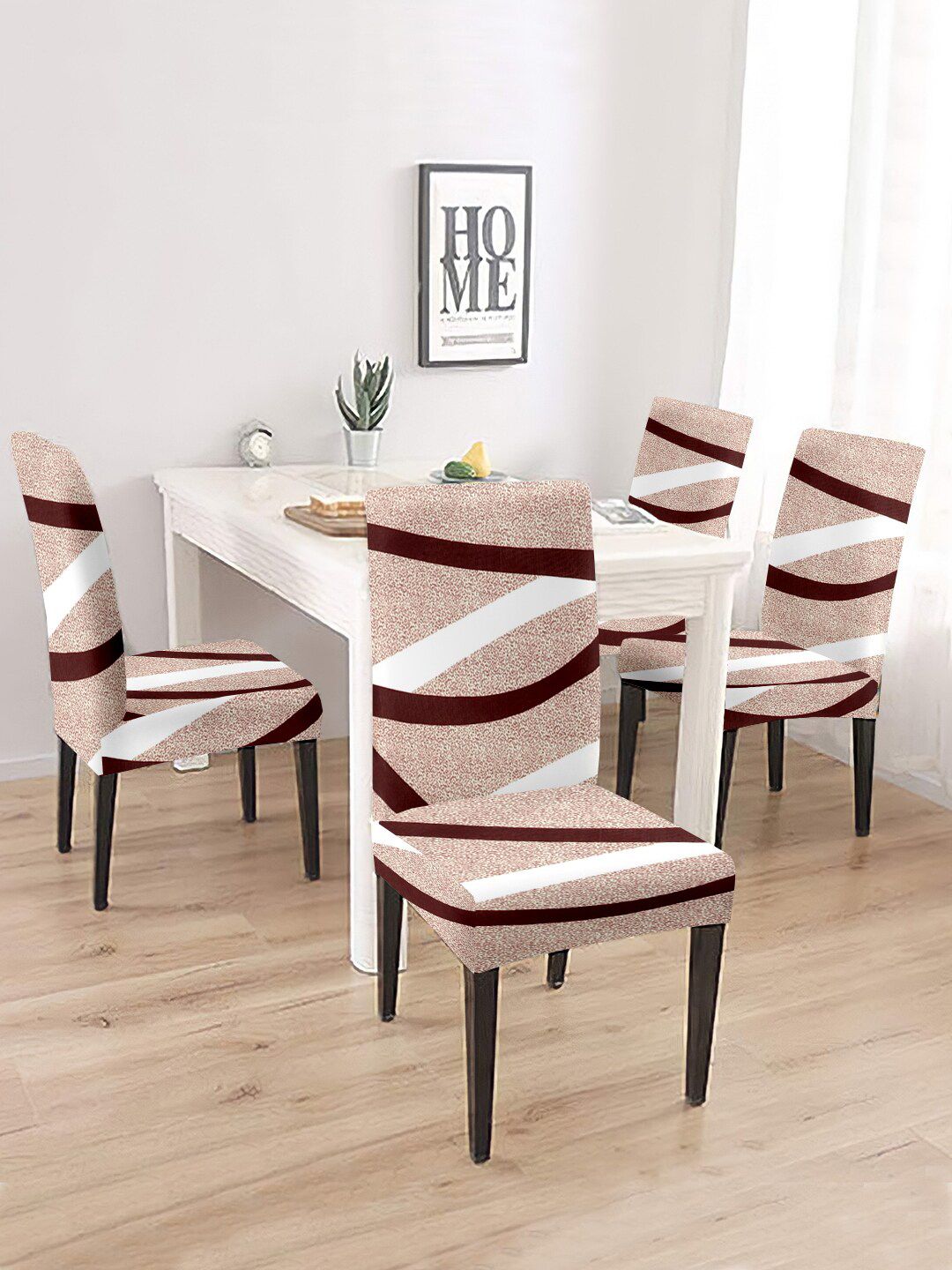 Cortina Set Of 4 Beige & White Printed Removable Chair Slip Covers Price in India