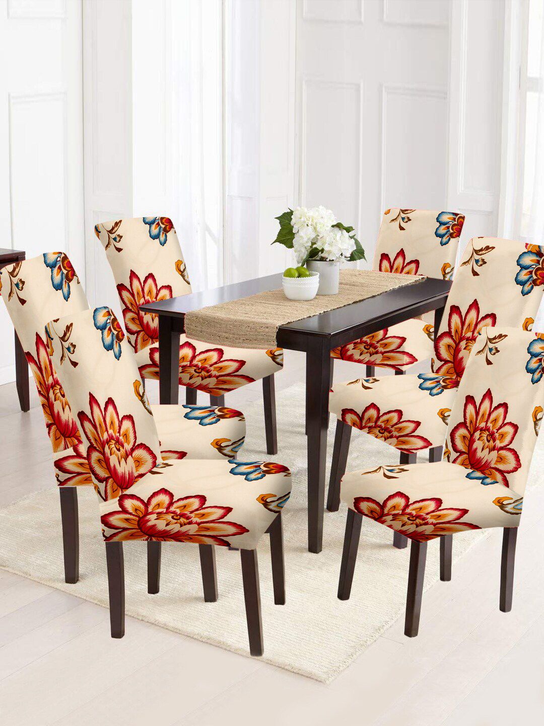 Cortina Set Of 6 Beige & Red Printed Chair Covers Price in India