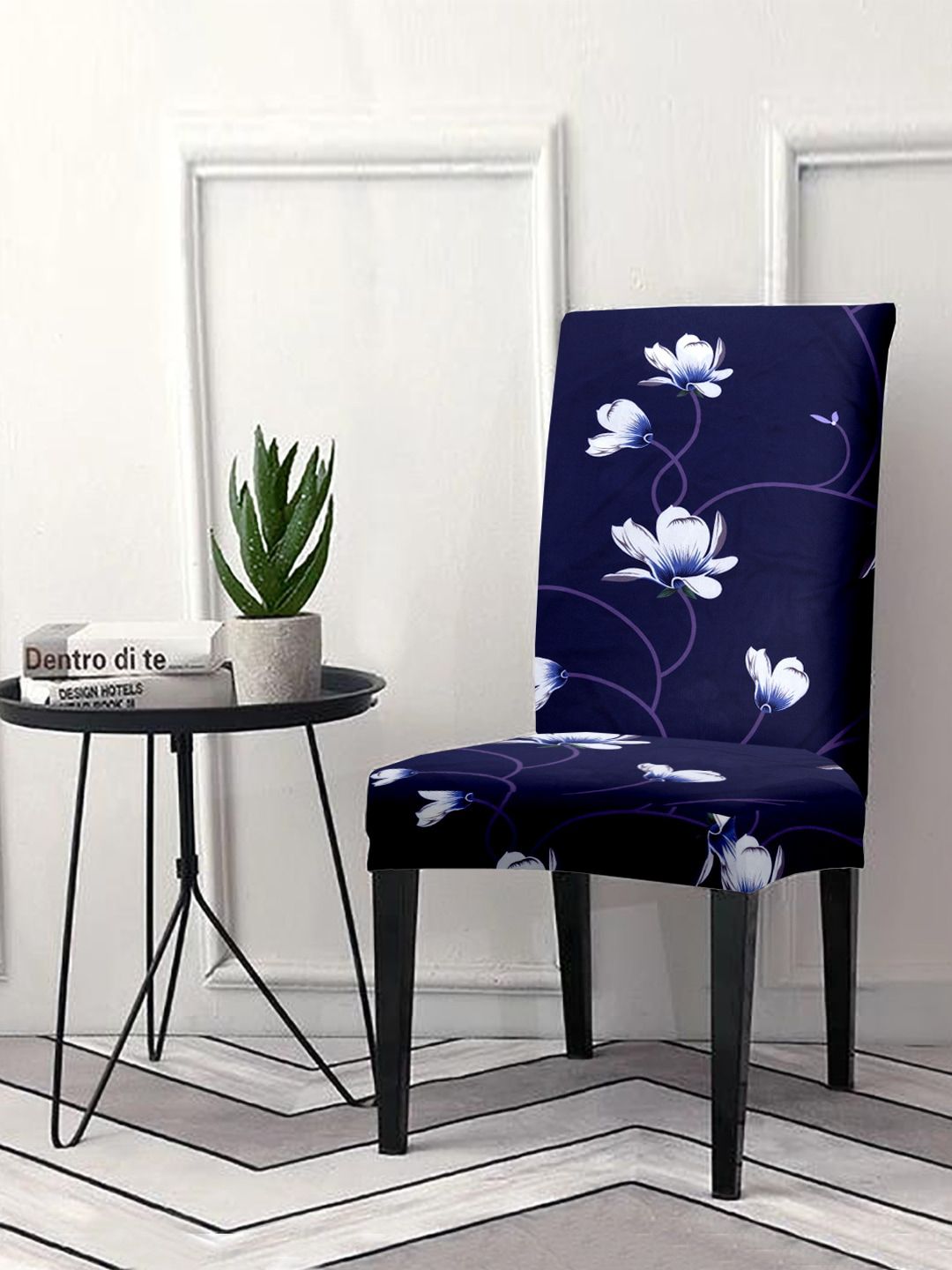 Cortina Unisex Navy Blue & White Floral Printed Chair Cover Price in India