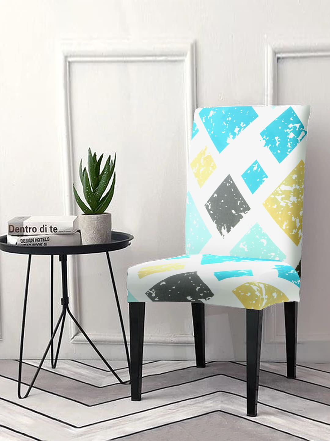 Cortina White & Blue Geometric Printed Chair Cover Price in India