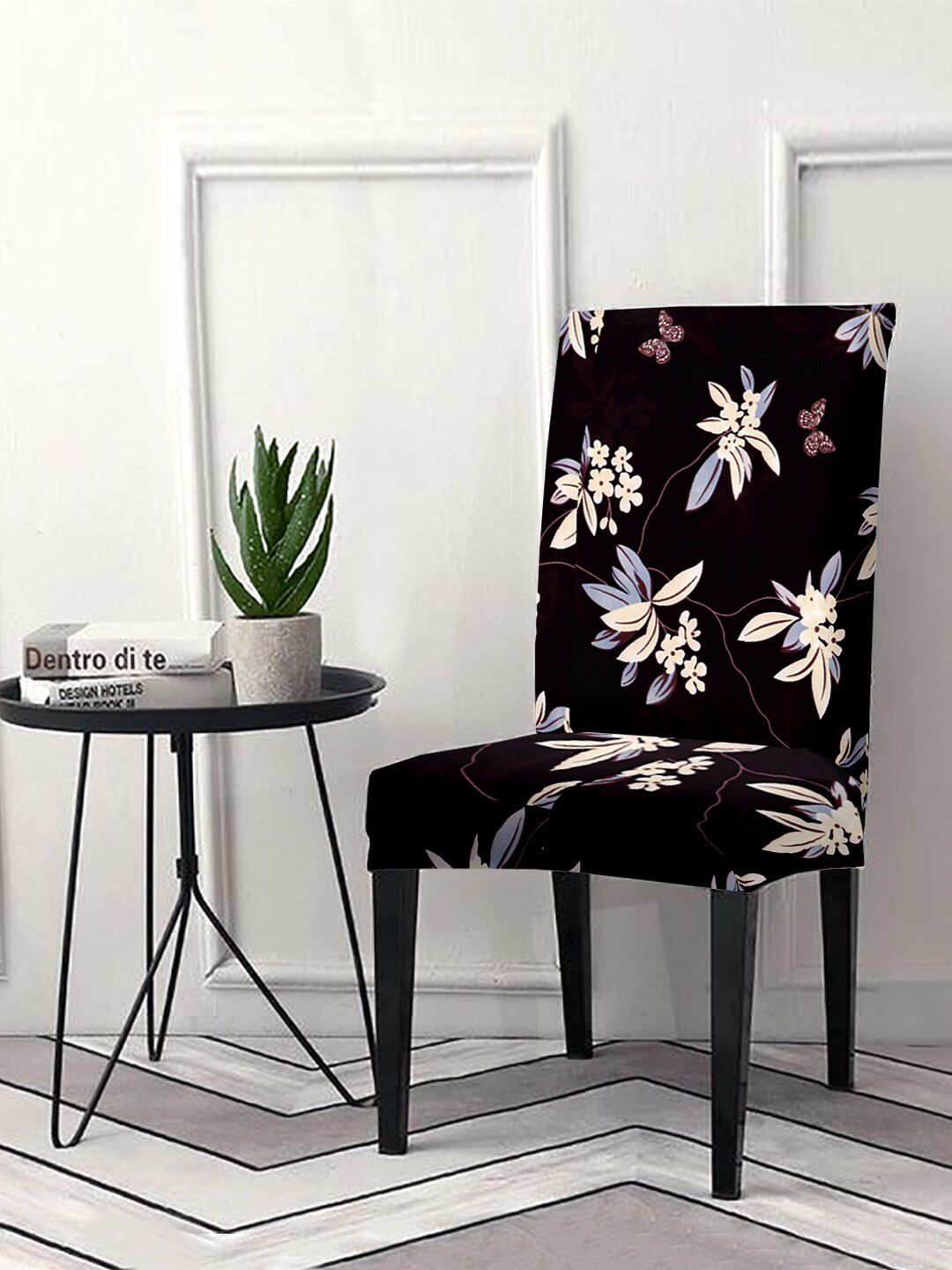 Cortina Black & Beige Floral Printed Chair Cover Price in India