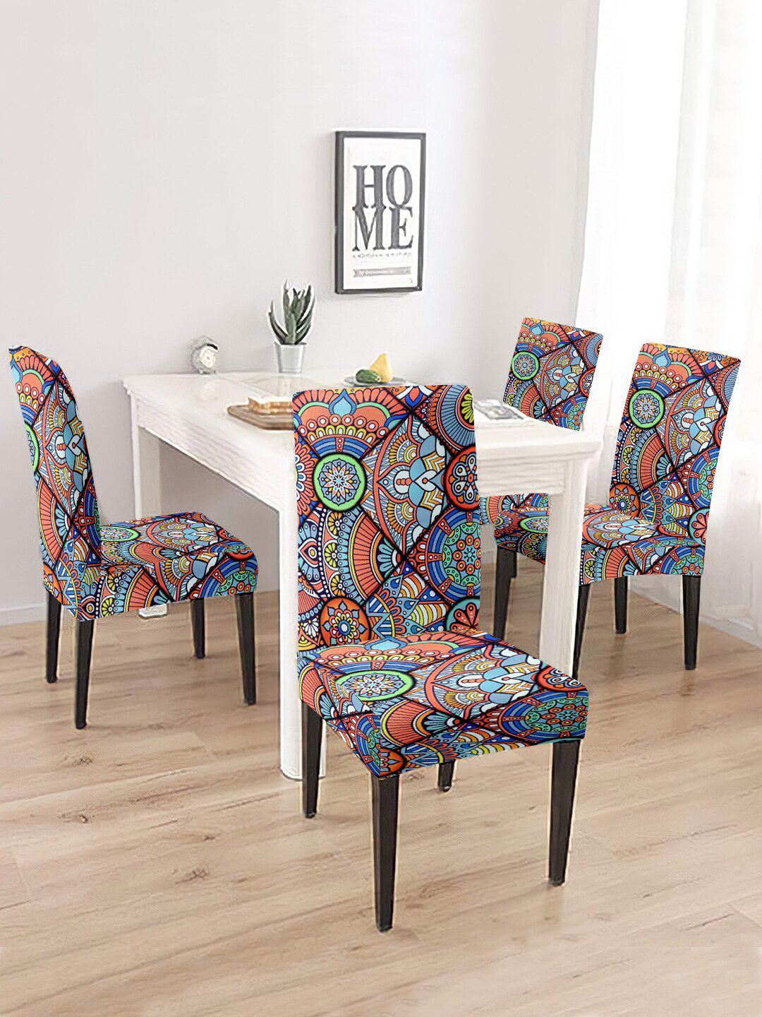 Cortina Set Of 4 Grey & Orange Printed Removable Chair Slip Covers Price in India