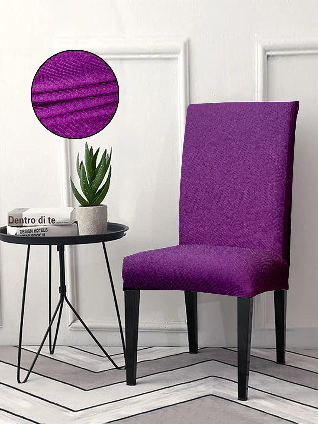 Cortina Set Of 6 Purple Self Design Removable Chair Slip Covers Price in India