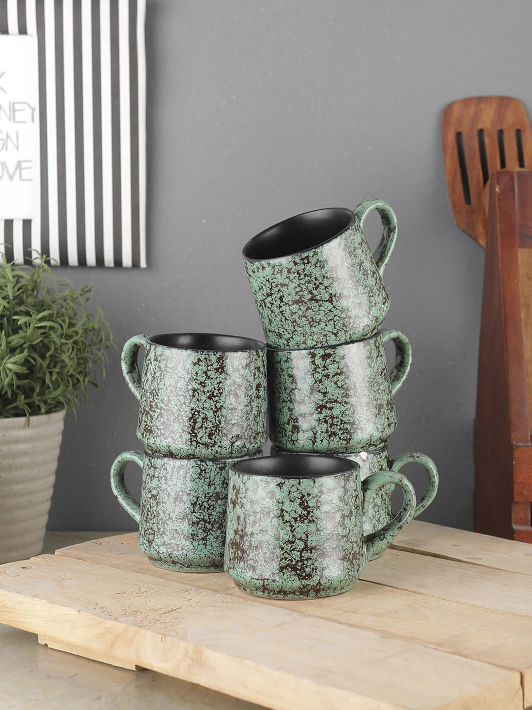 VarEesha Set Of 6 Green & Black Printed Ceramic Glossy Cups Price in India