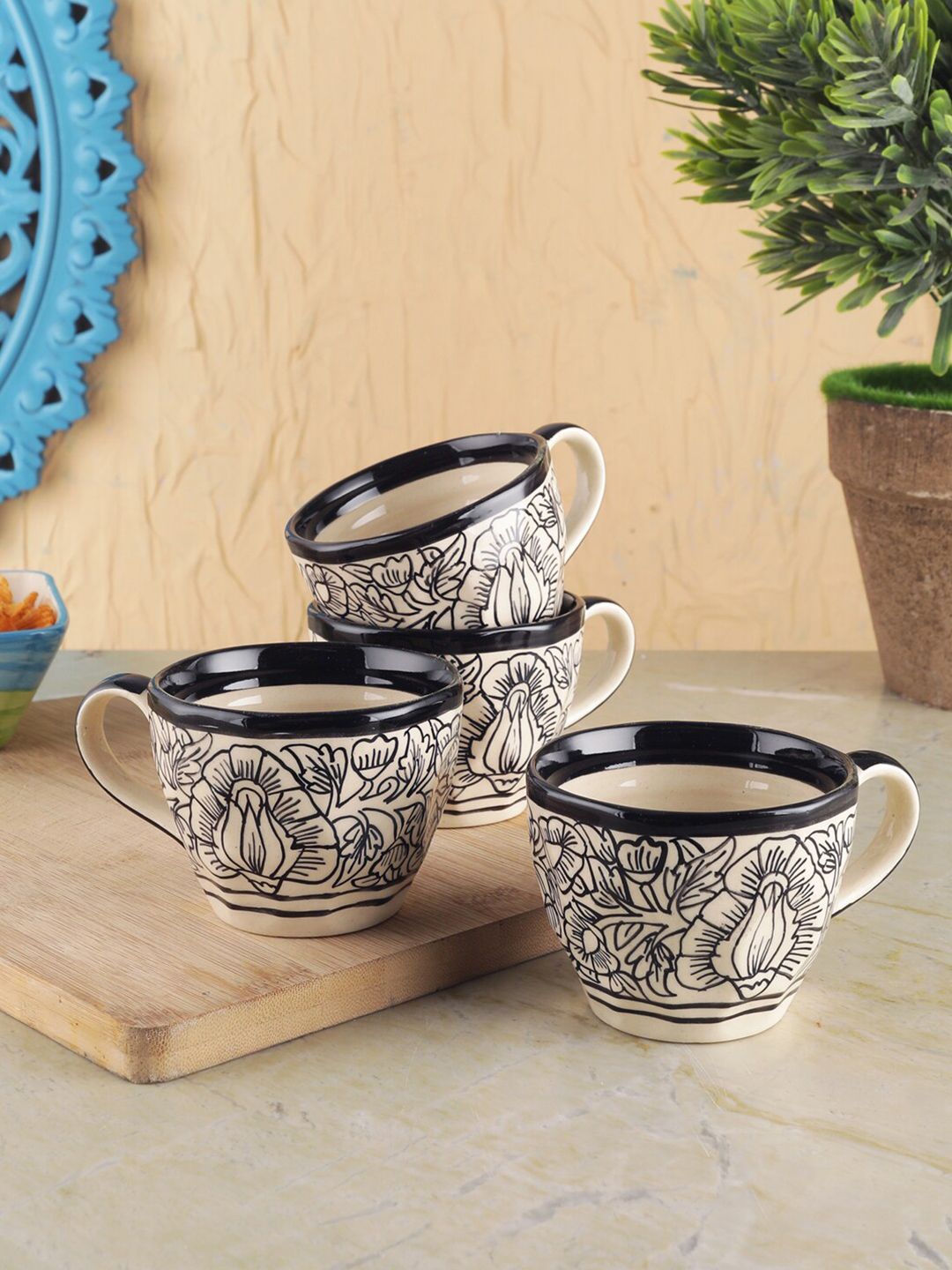VarEesha Off White Handcrafted and Ceramic Glossy Cups Set of 4 Cups Price in India