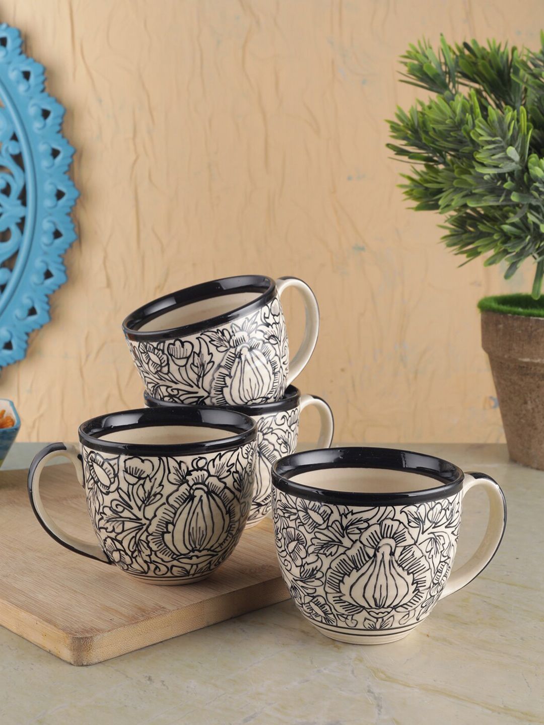VarEesha Set of 4 Off White Printed Ceramic Tea Cups Set Price in India