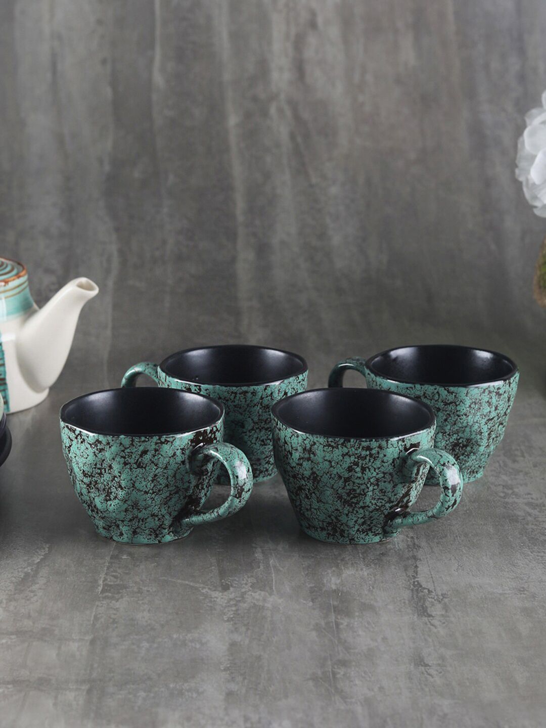 VarEesha Green & Black 4 Pieces Printed Ceramic Glossy Cups Price in India