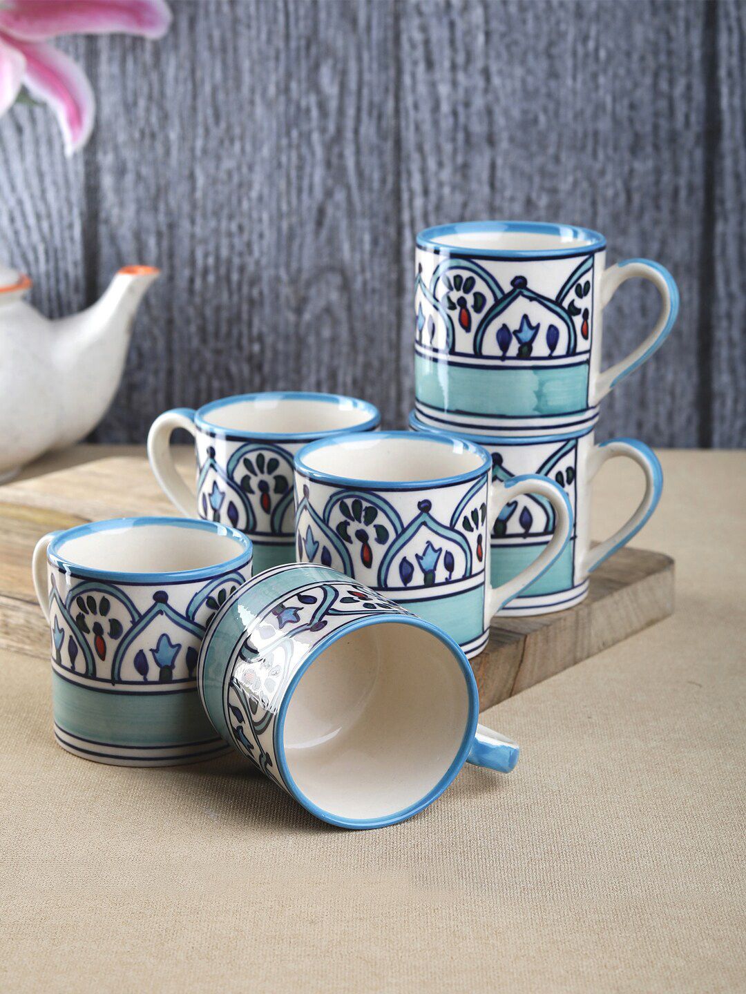 VarEesha Blue & White Ethnic Motifs Printed Ceramic Glossy Cups Set of Cups and Mugs Price in India