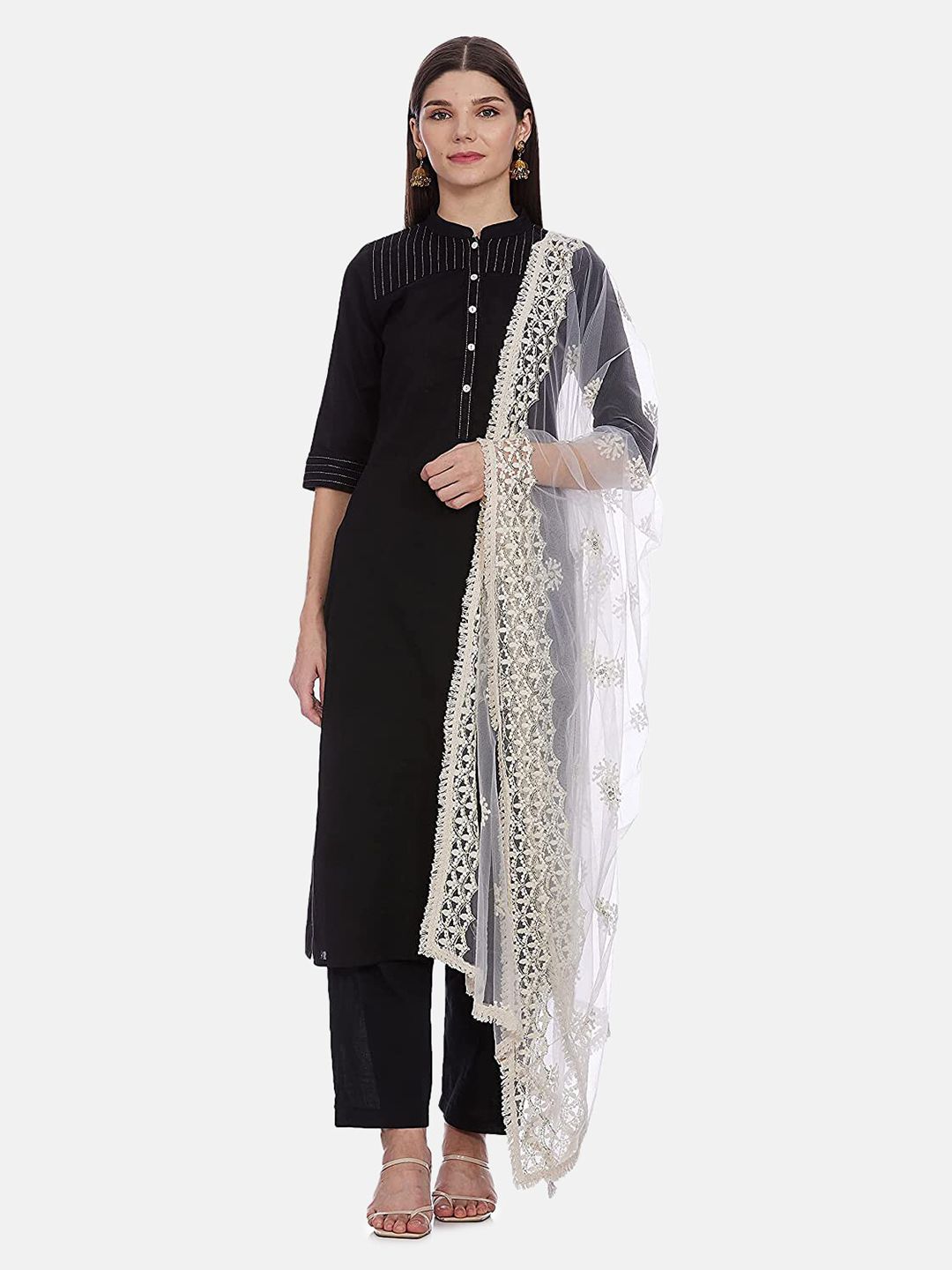 IVOC Women White & Silver-Toned Ethnic Motifs Embroidered Dupatta Price in India