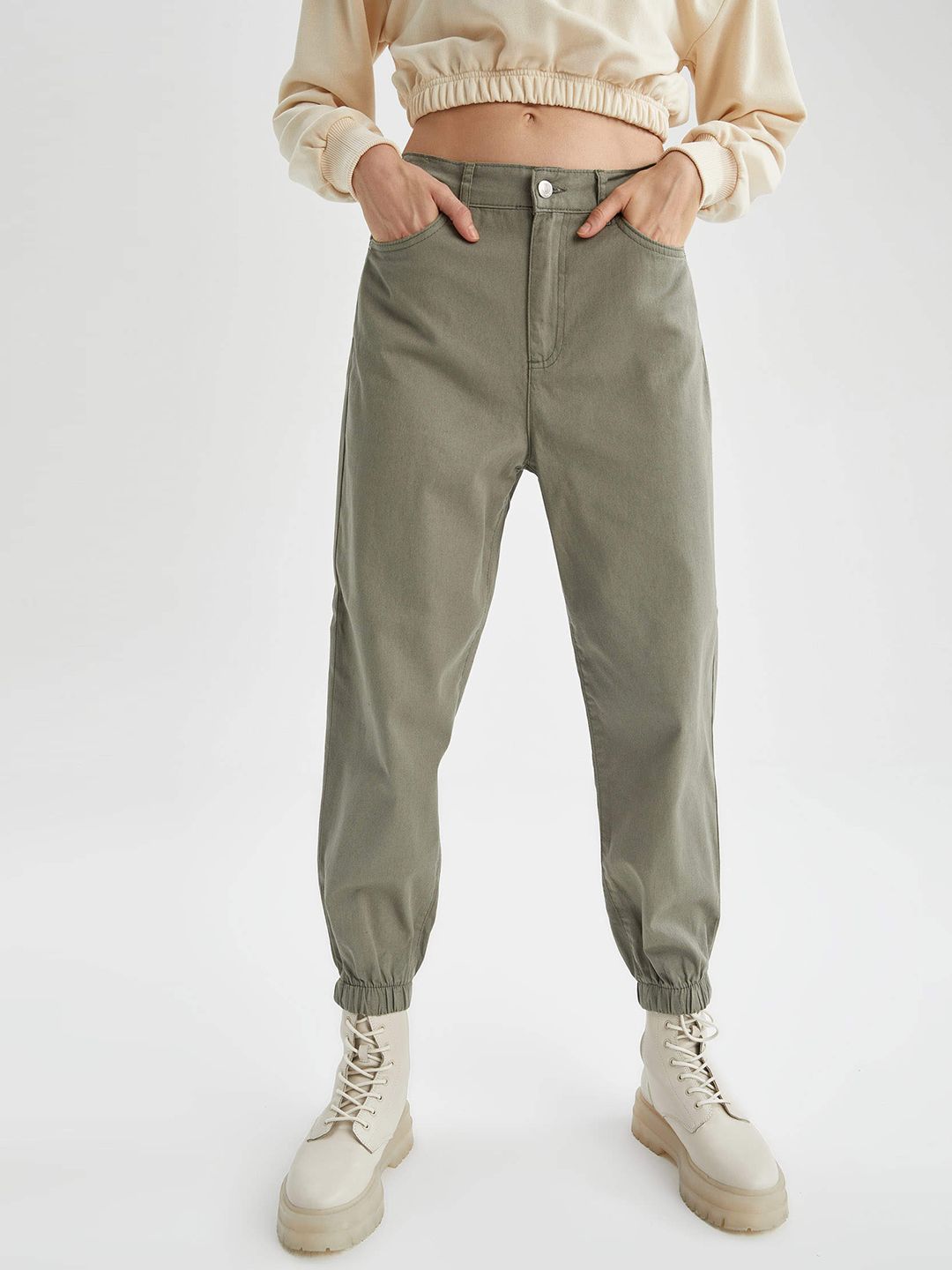 DeFacto Women Olive Green Solid Pure Cotton Jogger Trousers Price in India