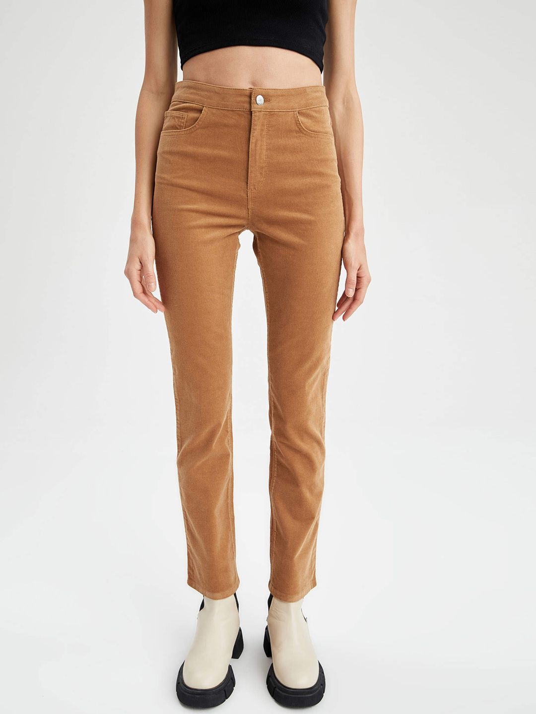DeFacto Women Camel Brown Solid Mid-Rise Trousers Price in India