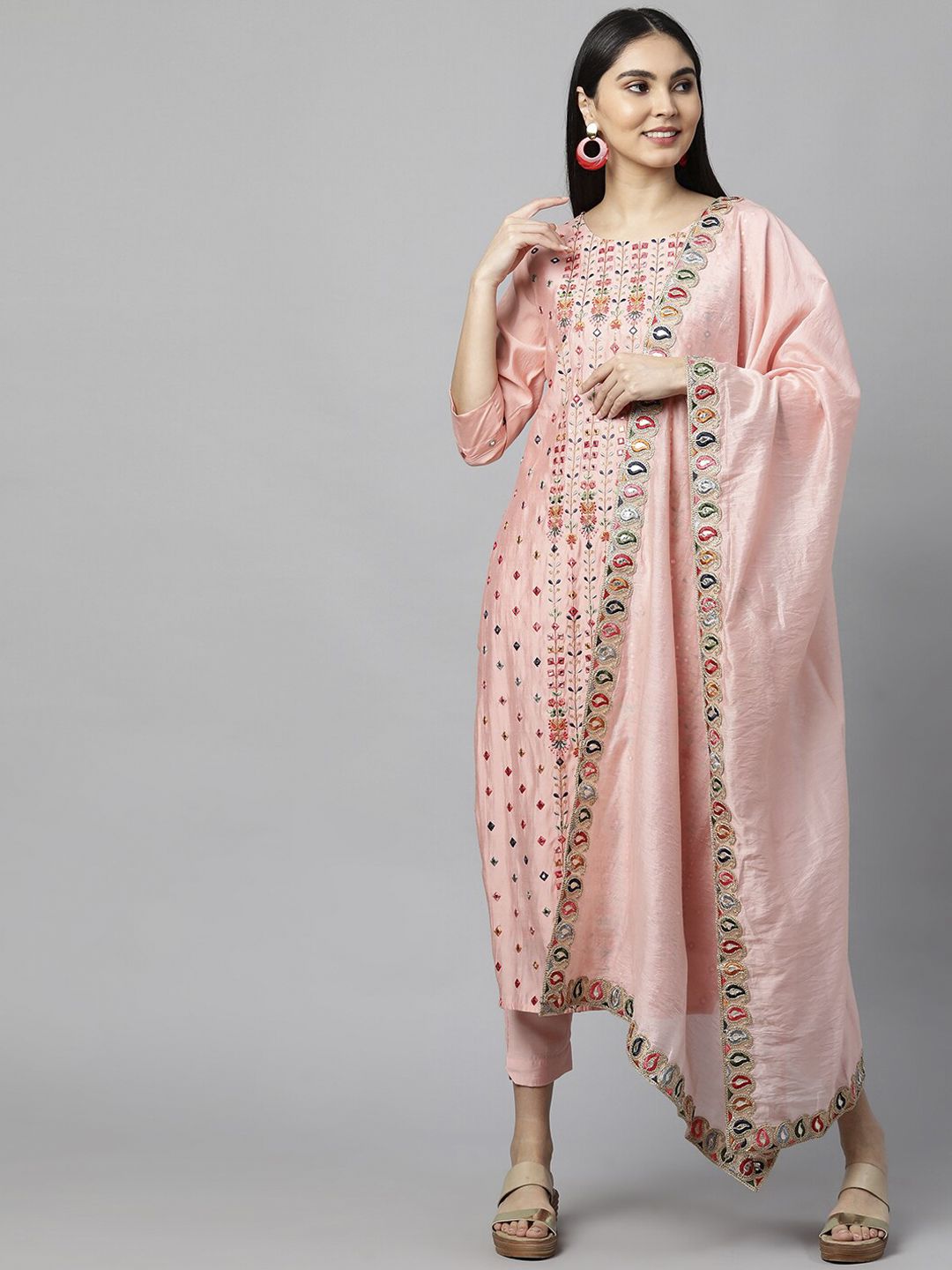 FASHOR Women Peach-Coloured Yoke Design Panelled Mirror Work Kurta with Trousers & With Dupatta Price in India