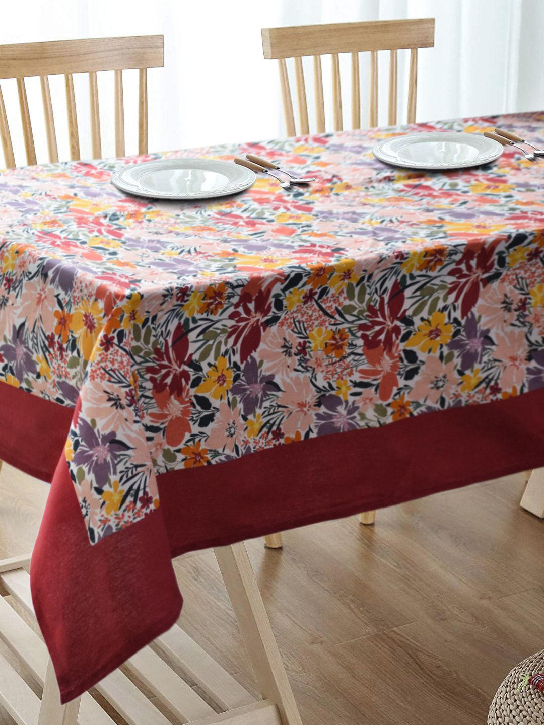 BLANC9 Maroon & Pink Floral Printed Pure Cotton Dining Table Cover Price in India