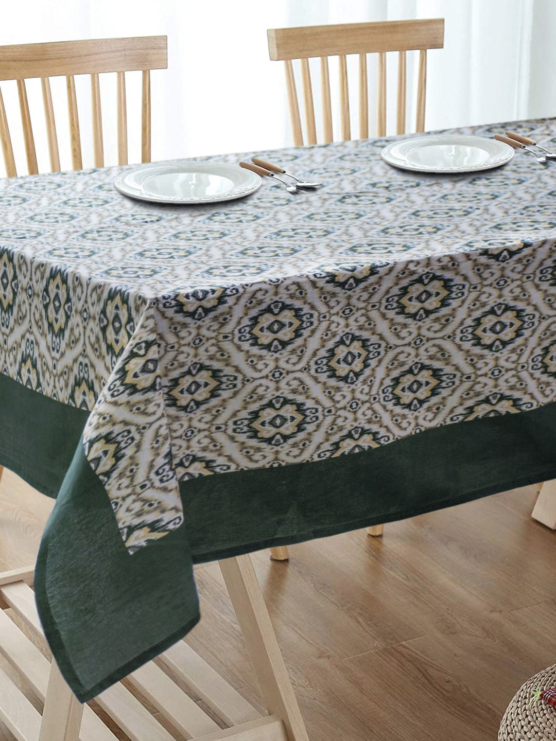 BLANC9 Green & White Digital Printed Pure Cotton Rectangular Table Cover Price in India