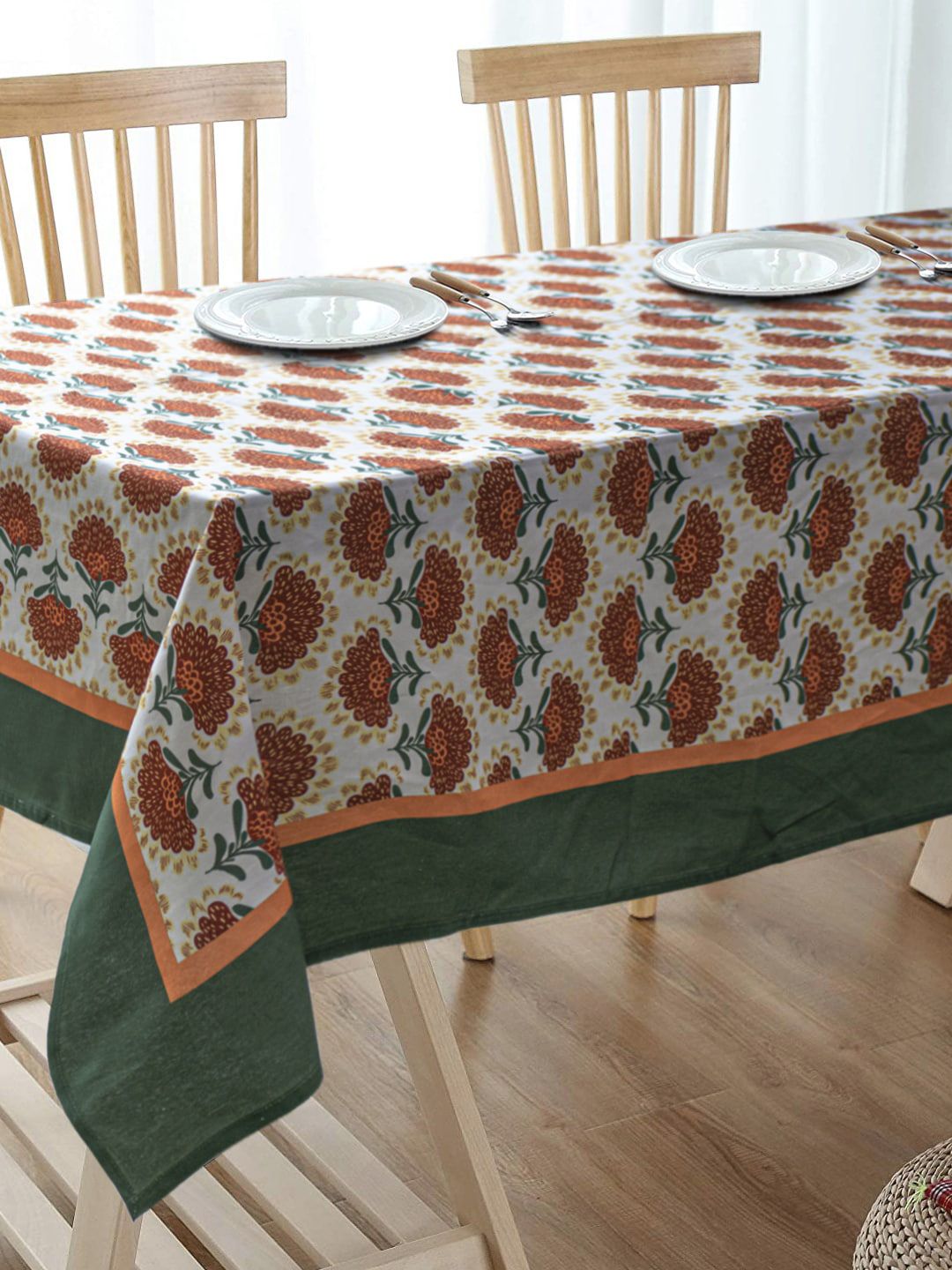 BLANC9 White & Orange Floral Printed Pure Cotton Rectangular Table Cover Price in India