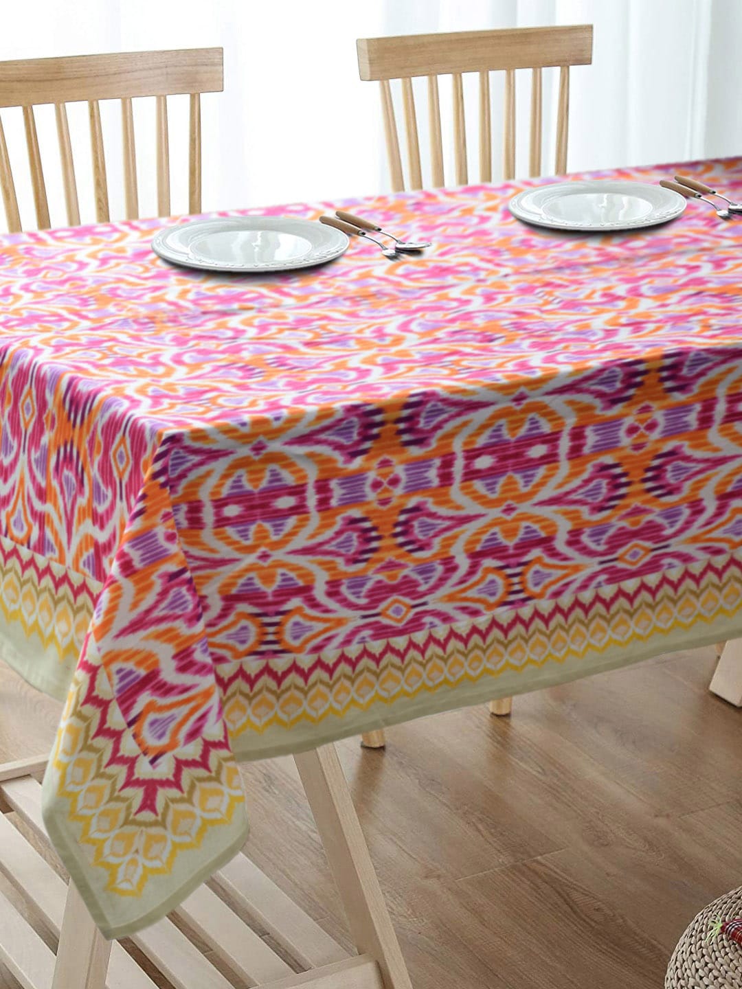 BLANC9 Pink & Yellow Geometric Printed Pure Cotton Rectangular Table Cover Price in India