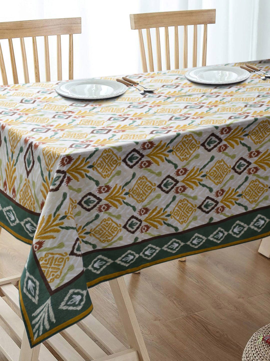 BLANC9 Green & Yellow Digital Printed Pure Cotton Rectangular Table Cover Price in India