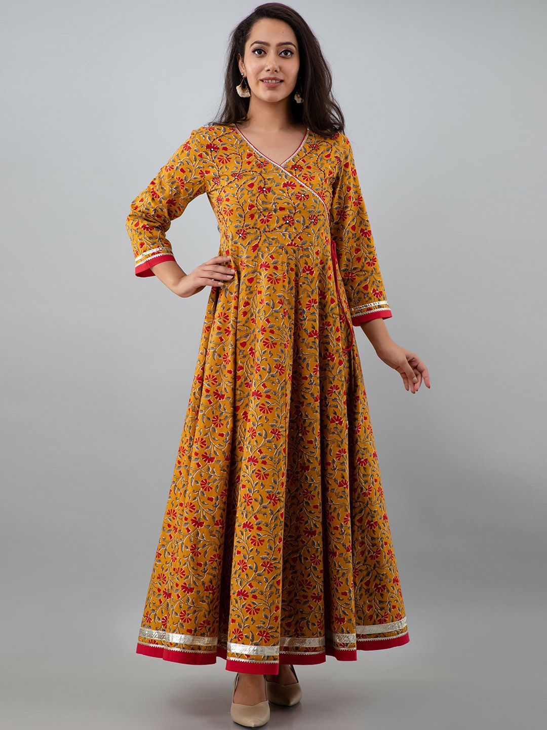 KALINI Women Mustard Yellow & Red Ethnic Motifs Printed Angrakha Anarkali Kurta Price in India