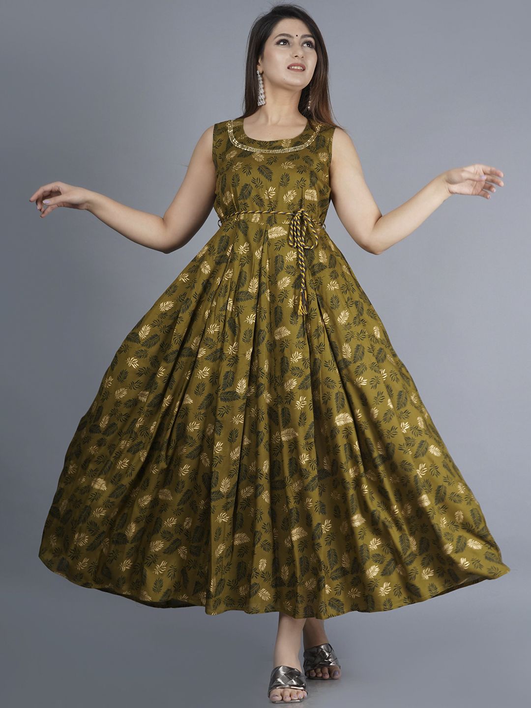 KALINI Women Bronze-Toned & caput mortuum Ethnic Motifs Printed Anarkali Kurta Price in India