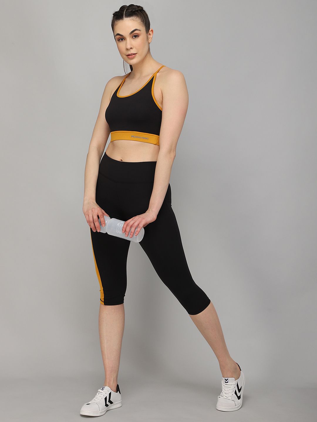 MUSCLE TORQUE Woman Black Bone-Dry Medium Waist With Side Mustard Panel Capri Price in India