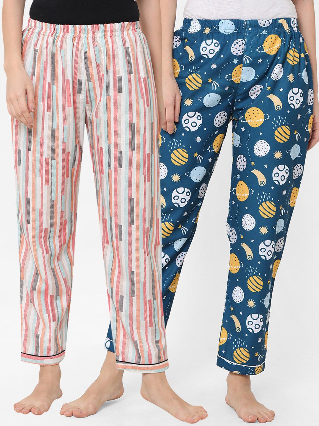 FashionRack Women Pack Of 2 Red & Blue Printed Cotton Lounge Pants Price in India