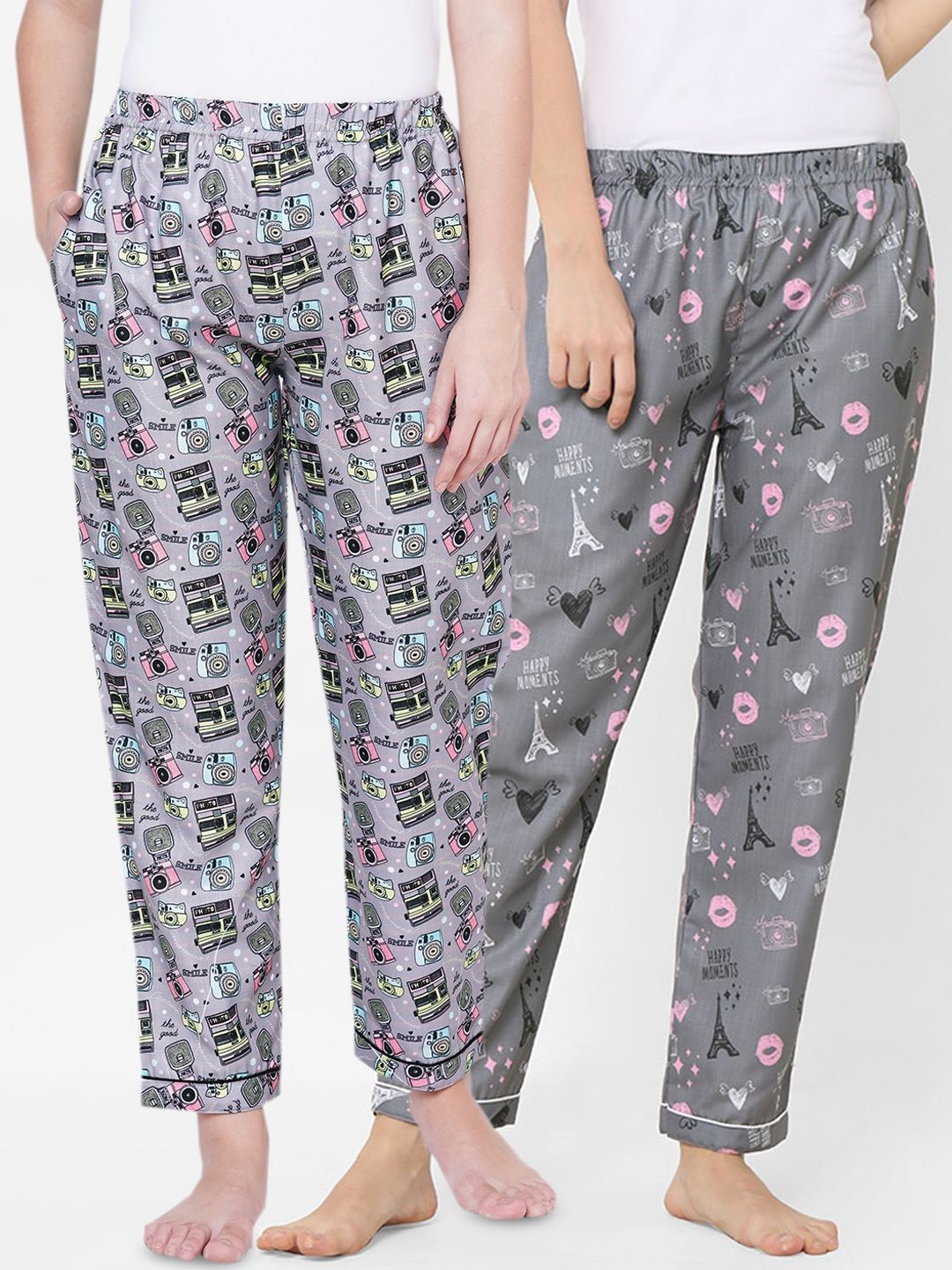 FashionRack Women Grey & Pink Set Of 2 Printed Lounge Pants Price in India