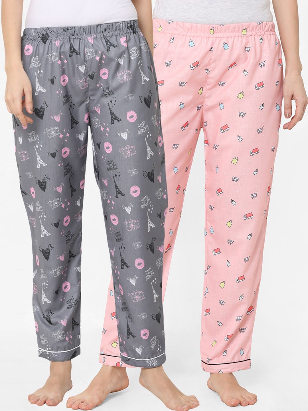 FashionRack Women Pack of 2 Grey & Pink Printed Lounge Pants Price in India