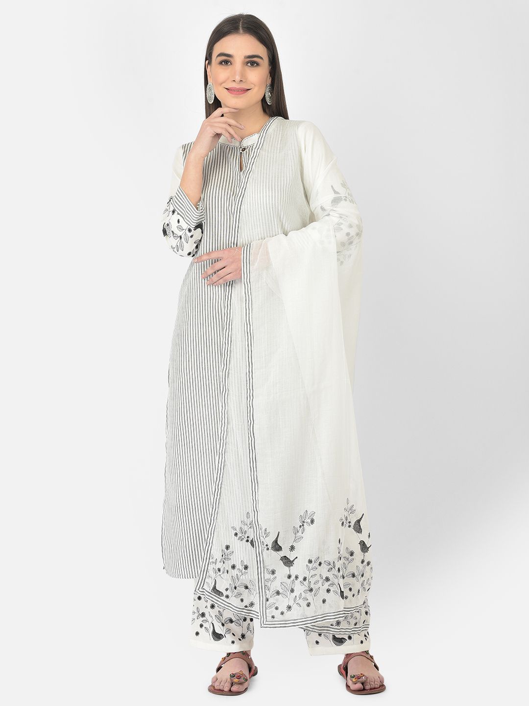 Pistaa Women Off White Striped Kurta with Trousers & With Dupatta Price in India