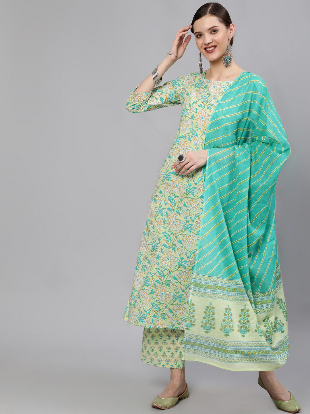 Nayo Women Green Floral Printed Pure Cotton Kurta with Palazzos & With Dupatta Price in India