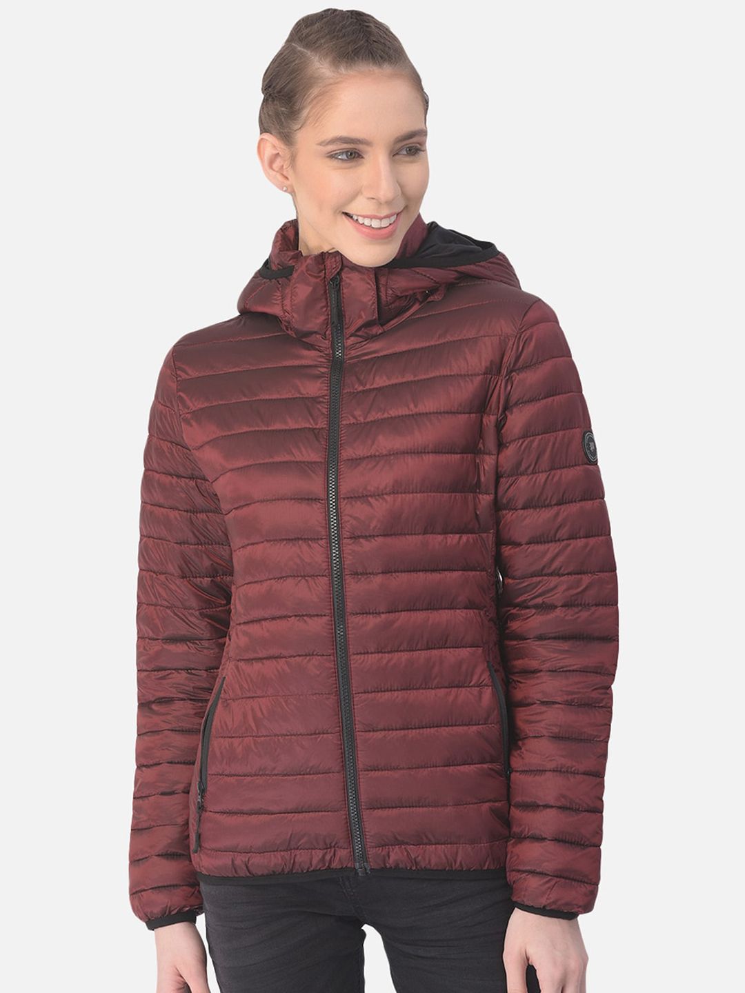 Woods Women Burgundy Camouflage Water Resistant Longline Tailored Jacket with Embroidered Price in India