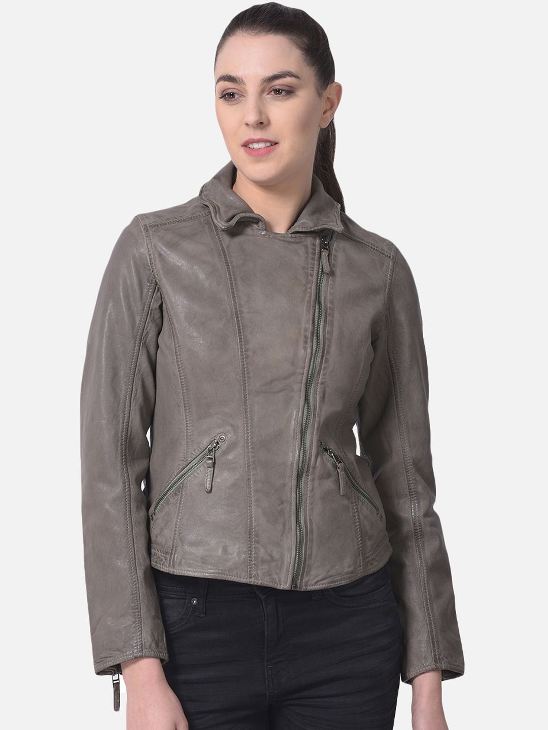 Woods Women Green Leather Water Resistant Crop Bomber with Embroidered Jacket Price in India