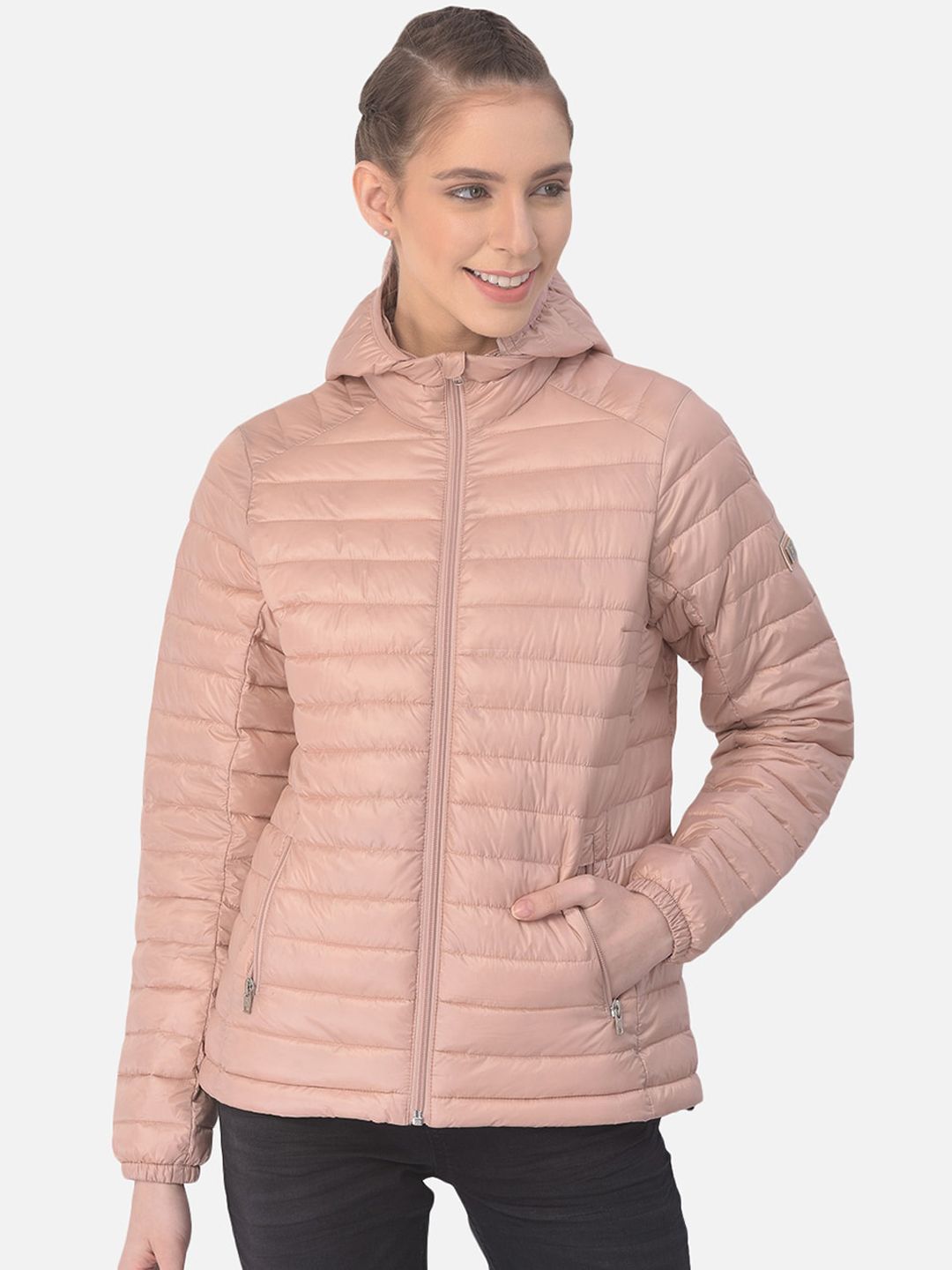 Woods Women Peach-Coloured Striped Water Resistant Longline Open Front Jacket Price in India