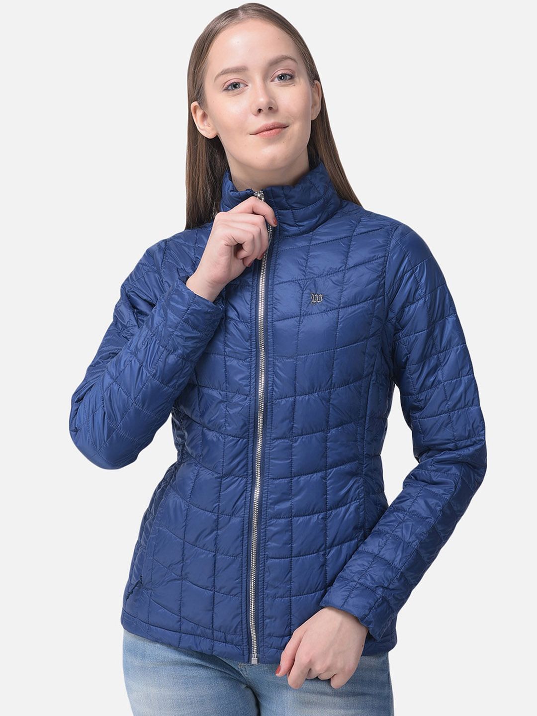Woods Women Navy Blue Solid Water Resistant Quilted Jacket Price in India