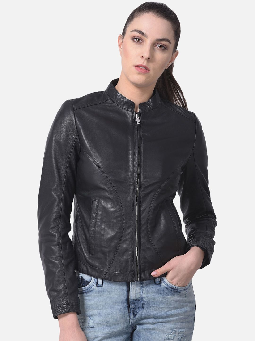 Woods Women Black Solid Leather Jacket Price in India