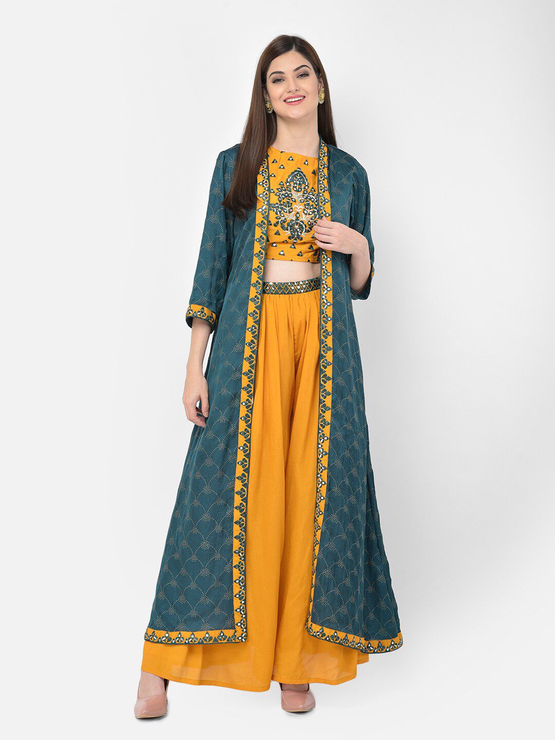 Neerus Women Mustard & Green Embellished Top with Palazzos & With Jacket Price in India