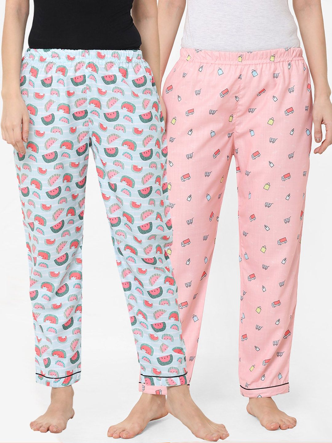 FashionRack Women Pack of 2 Blue & Pink Conversational Printed Cotton Lounge Pants Price in India