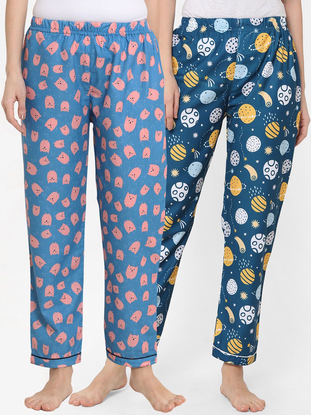 FashionRack Women Pack Of 2 Blue & Orange Printed Lounge Pants Price in India