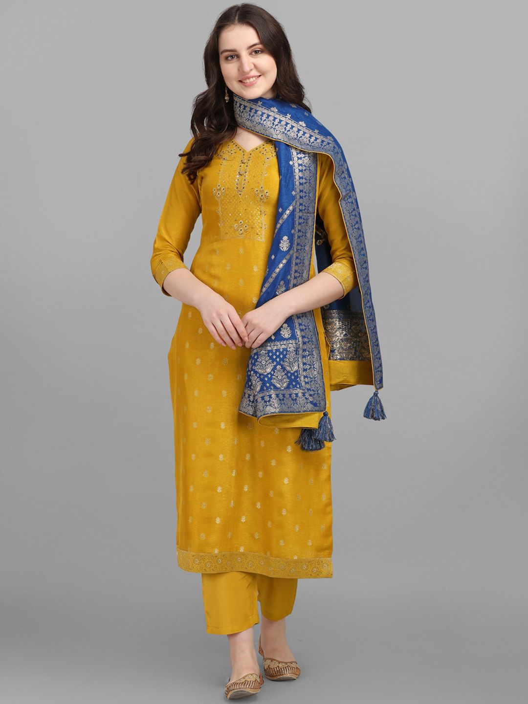 Seerat Women Yellow Embroidered Pure Silk Kurta with Churidar