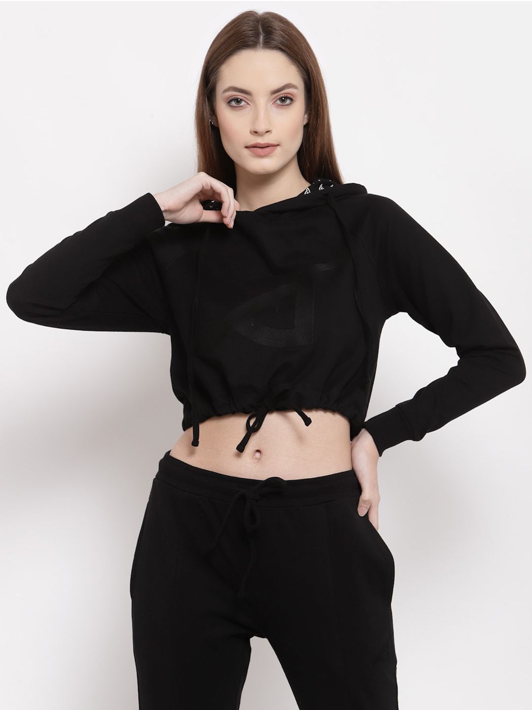 I Am Animal Women Black Organic Cotton Hooded Neck Regular Fit Crop Sweatshirt Hoodie Price in India