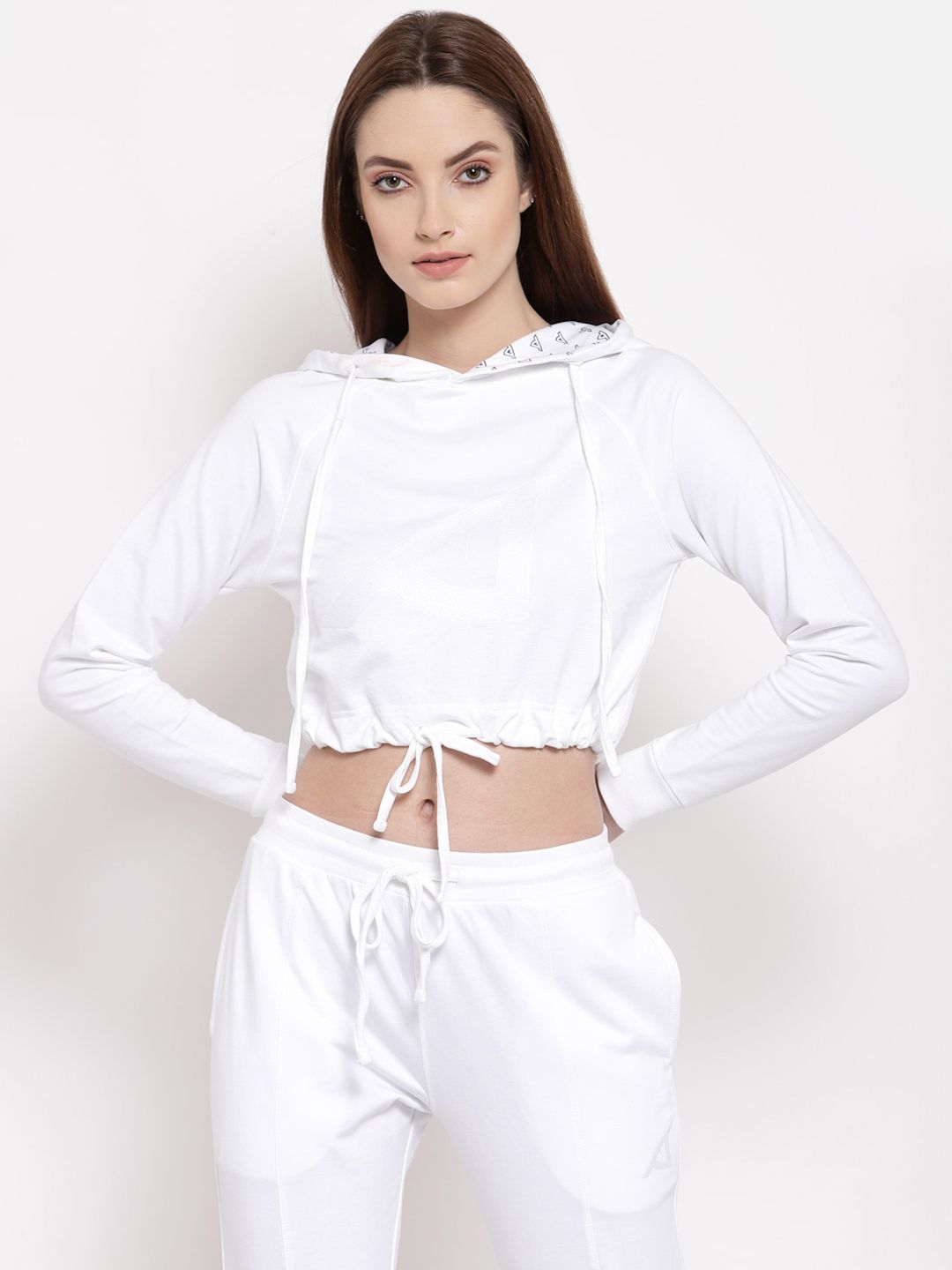 I Am Animal Women White Organic Cotton Hooded Neck Regular Fit Crop Sweatshirt Hoodie Price in India