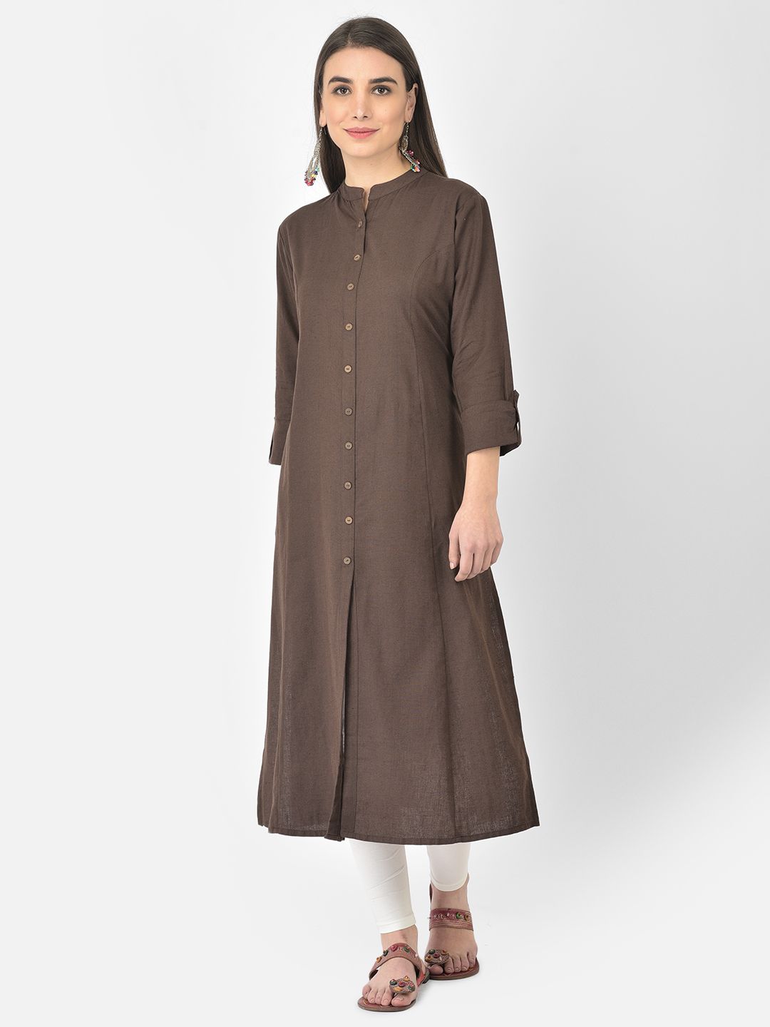 Pistaa Women Brown Pure Cotton A-Line Kurta Price in India