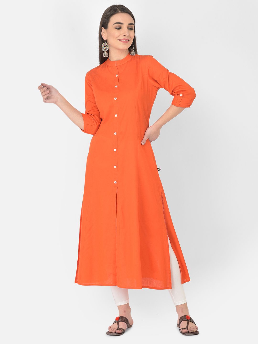 Pistaa Women Orange A-Line Pure Cotton Kurta Price in India