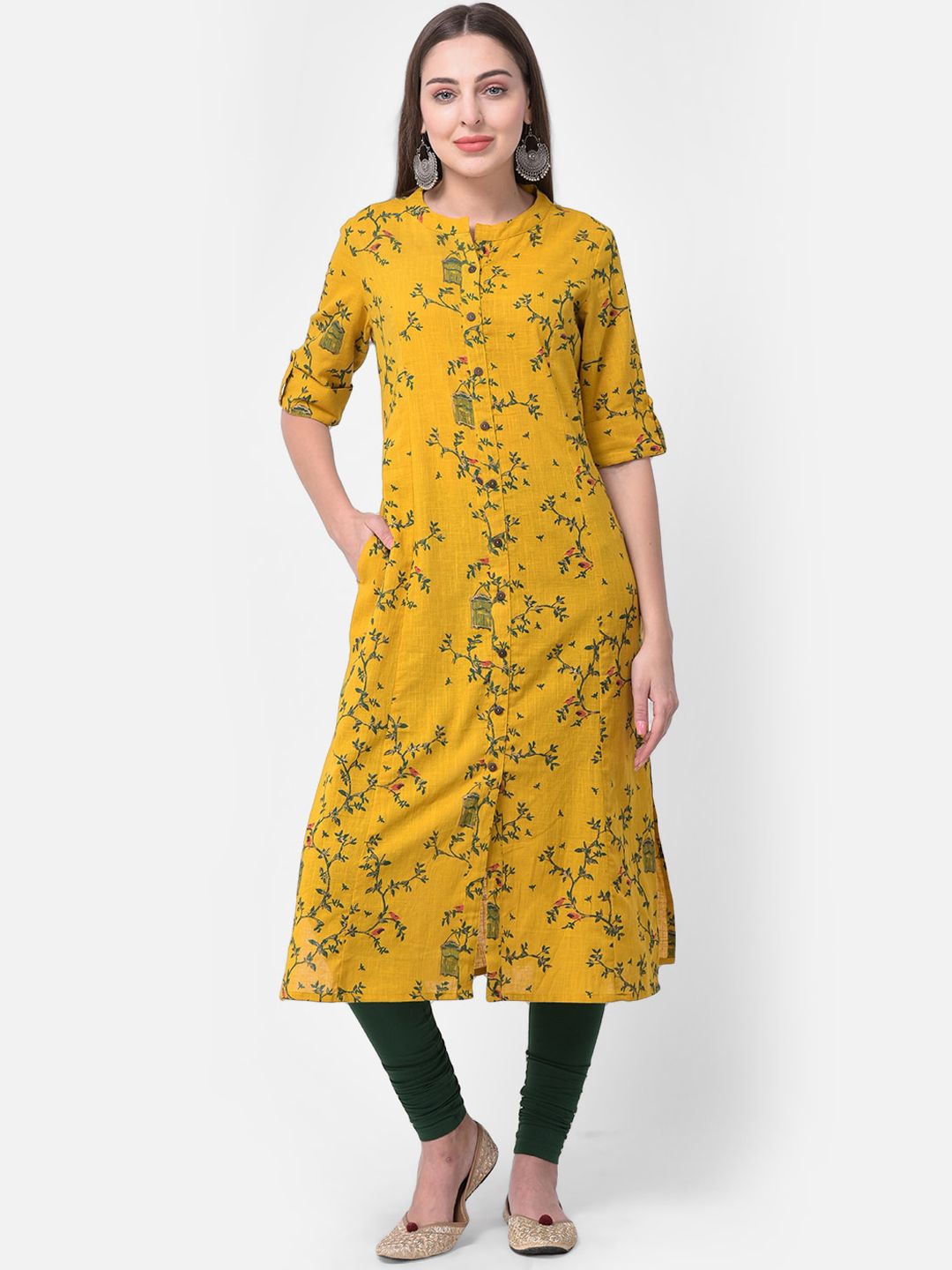 Pistaa Women Mustard Yellow Floral Printed Mirror Work Floral Kurta Price in India