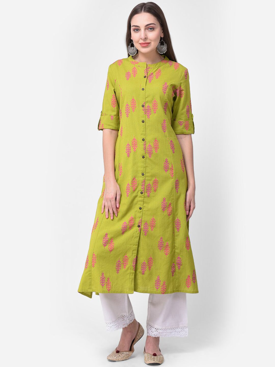 Pistaa Women Green & Pink Floral Printed Floral Cotton A-line Kurta Price in India