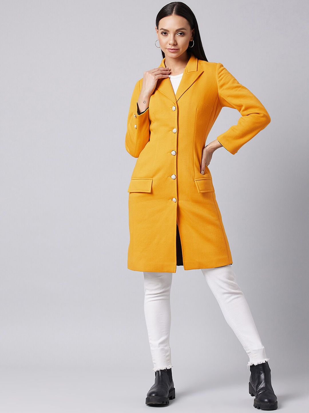 DOLCE CRUDO Women Yellow Solid Longline Tailored Jacket Price in India